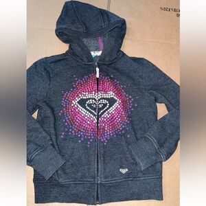 Roxy Kids' Charcoal Hoodie with Pink and Purple Heart Motif girls size 7/8 small